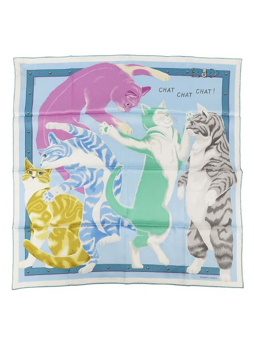 Hermes Carre 70 Sha Scarf Silk Blue Ciel Glycine Green Cat
